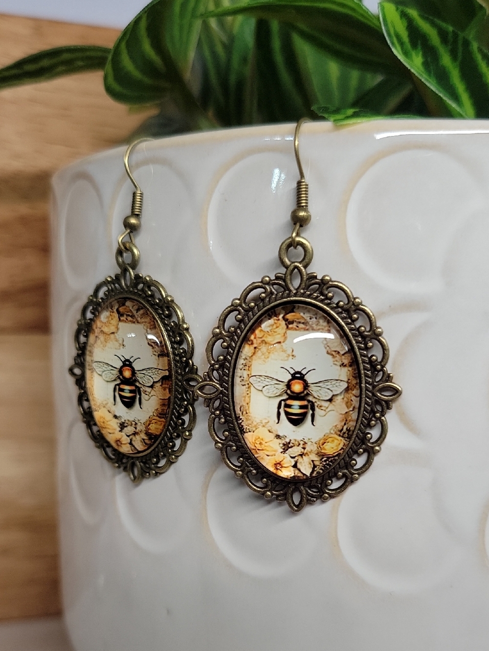 Vintage Bee Oval Drop Earrings in Antique Bronze